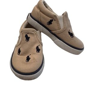 Polo Ralph Lauren Embroidered Navy Logo Khaki Canvas Slip Ons Toddler 5 Preppy